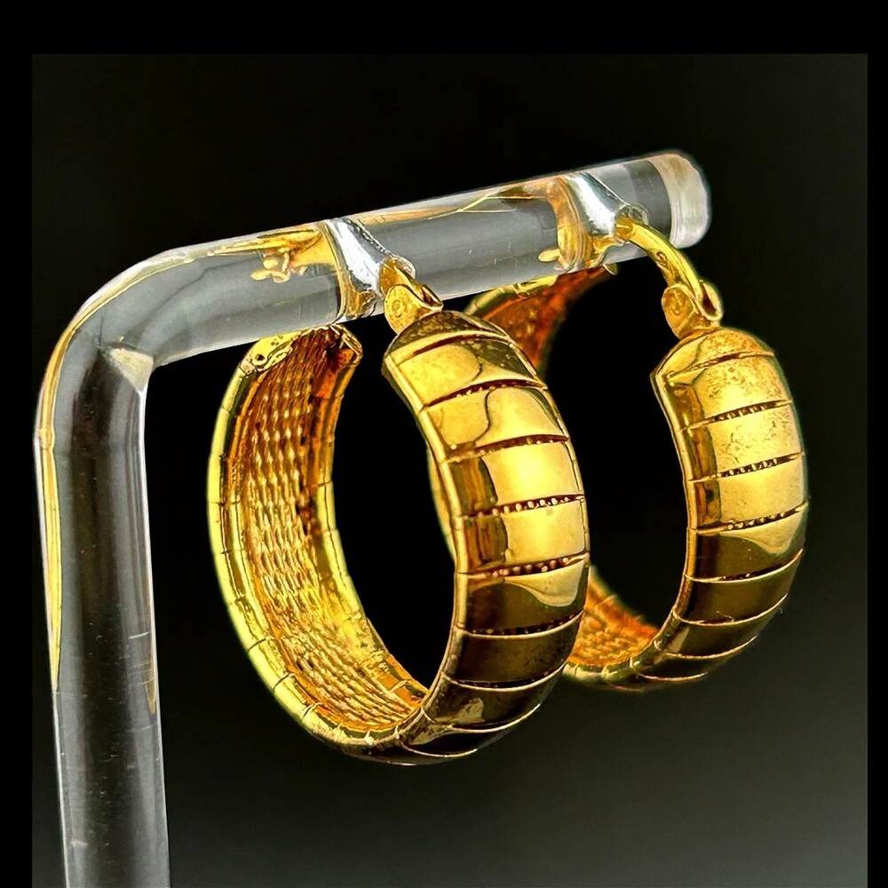 Gold Tone Sterling Silver Hoop Earrings Textured Hinged Snap Closure